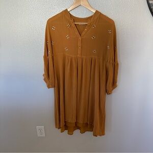DDP Long Sleeve Embroidered Button Up Tunic Flowy Yellow Saffron Dress, Medium